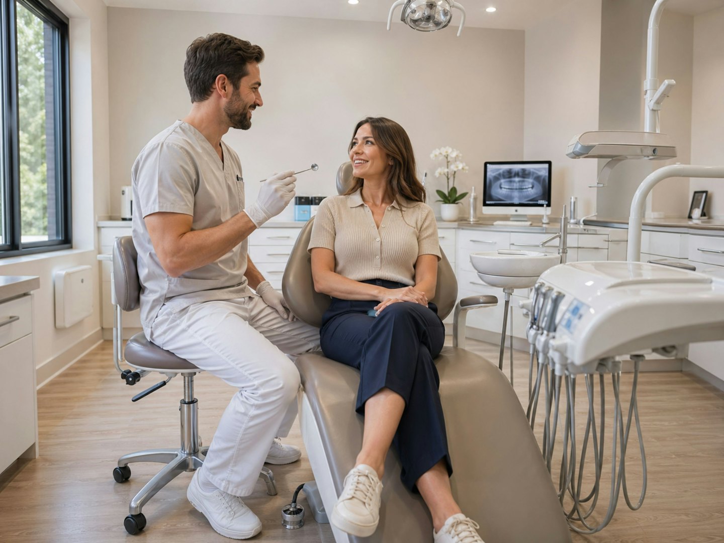 Dentista sonríe mientras habla con un paciente en una silla dental.